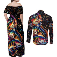Peacock Bass Fishing Couples Matching Off Shoulder Maxi Dress and Long Sleeve Button Shirt Waves Art