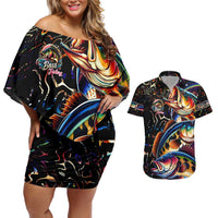 Peacock Bass Fishing Couples Matching Off Shoulder Short Dress and Hawaiian Shirt Waves Art