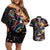 Peacock Bass Fishing Couples Matching Off Shoulder Short Dress and Hawaiian Shirt Waves Art