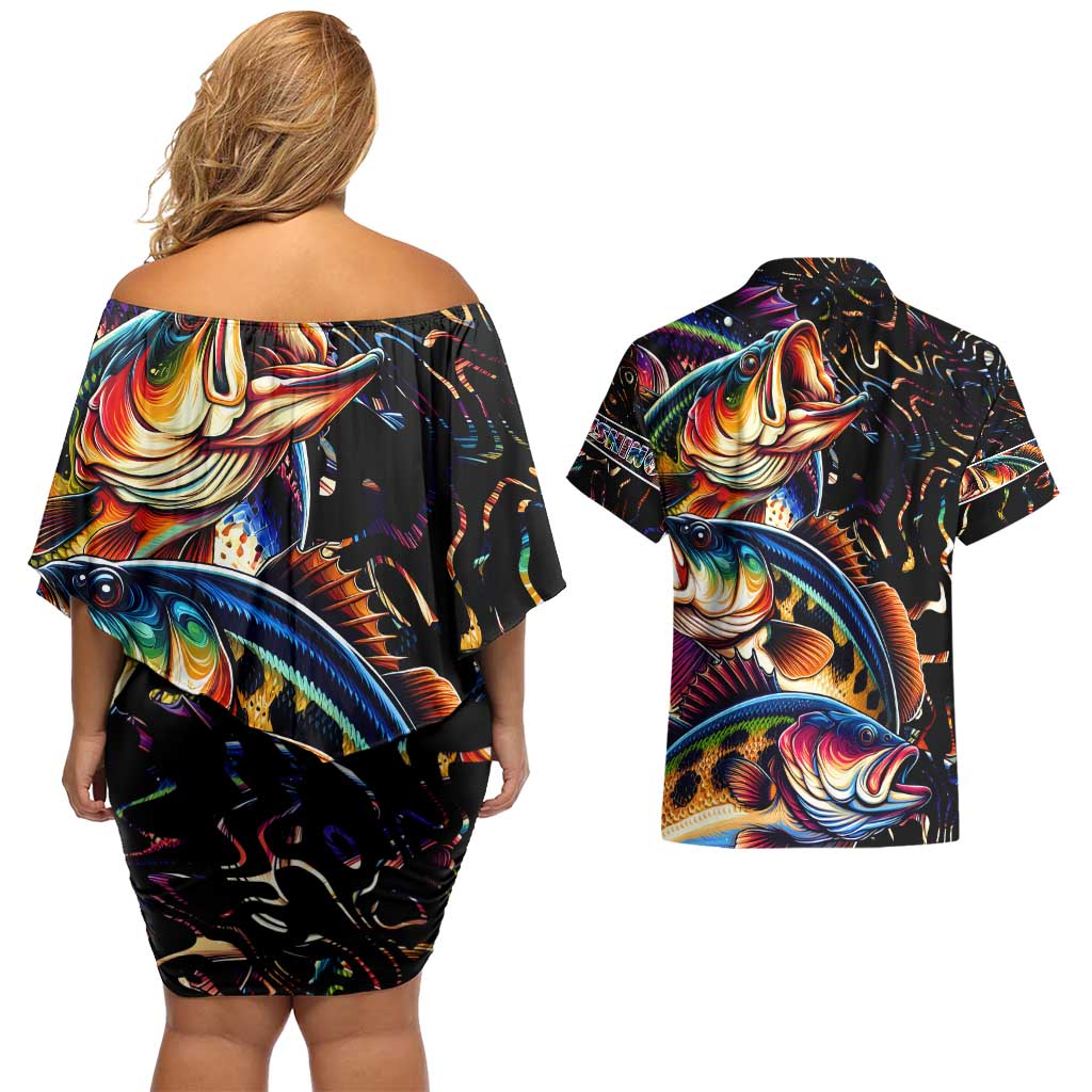 Peacock Bass Fishing Couples Matching Off Shoulder Short Dress and Hawaiian Shirt Waves Art