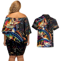 Peacock Bass Fishing Couples Matching Off Shoulder Short Dress and Hawaiian Shirt Waves Art