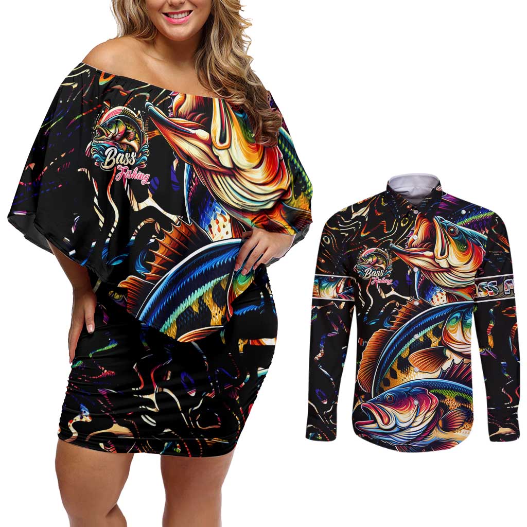 Peacock Bass Fishing Couples Matching Off Shoulder Short Dress and Long Sleeve Button Shirt Waves Art