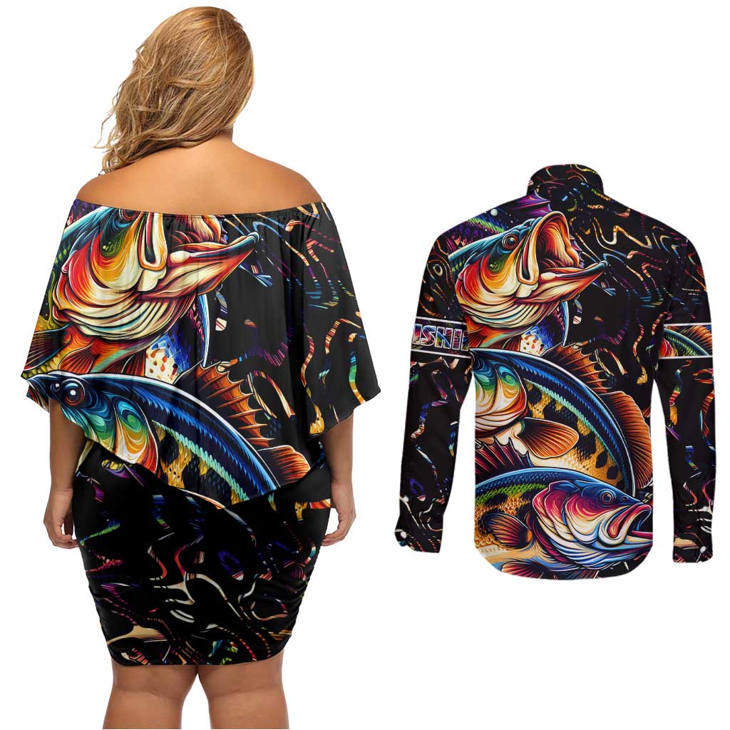 Peacock Bass Fishing Couples Matching Off Shoulder Short Dress and Long Sleeve Button Shirt Waves Art
