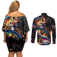Peacock Bass Fishing Couples Matching Off Shoulder Short Dress and Long Sleeve Button Shirt Waves Art