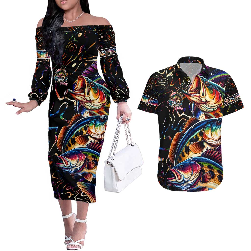 Peacock Bass Fishing Couples Matching Off The Shoulder Long Sleeve Dress and Hawaiian Shirt Waves Art