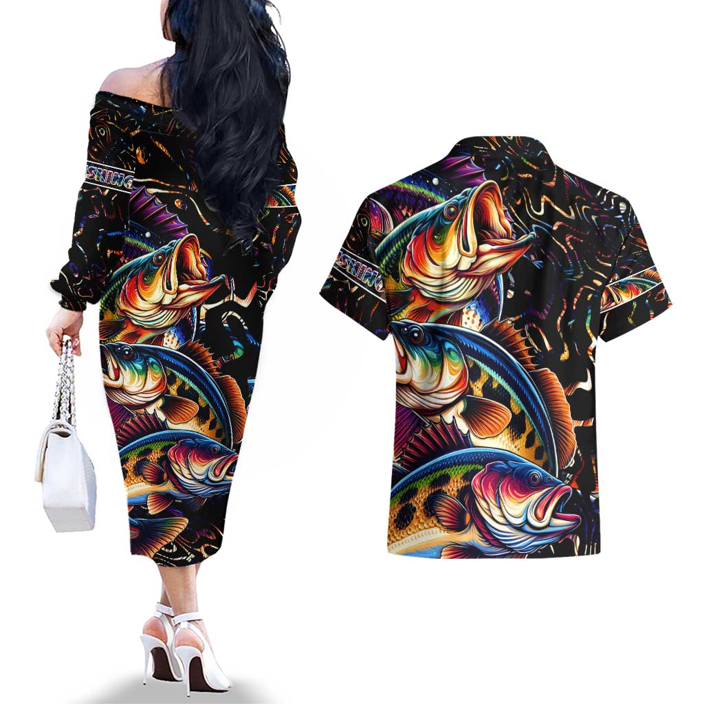 Peacock Bass Fishing Couples Matching Off The Shoulder Long Sleeve Dress and Hawaiian Shirt Waves Art