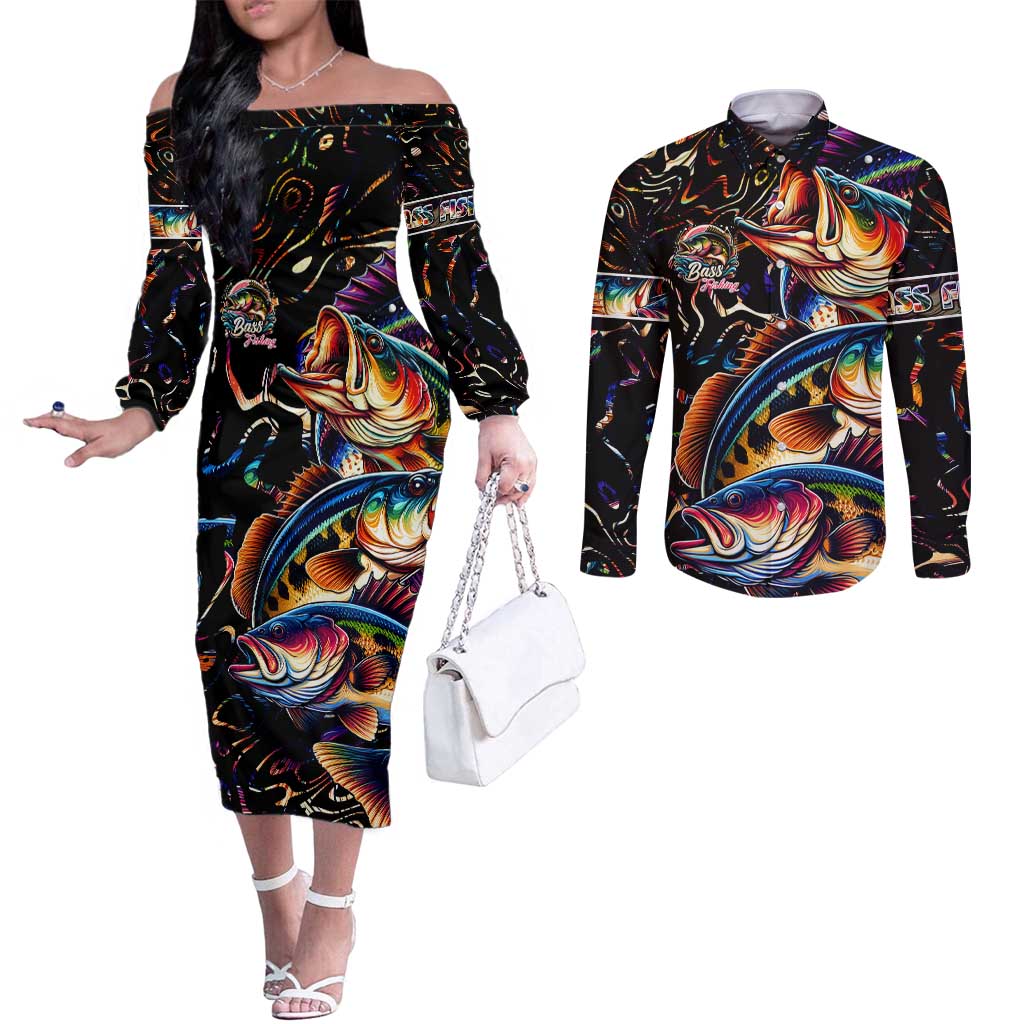 Peacock Bass Fishing Couples Matching Off The Shoulder Long Sleeve Dress and Long Sleeve Button Shirt Waves Art