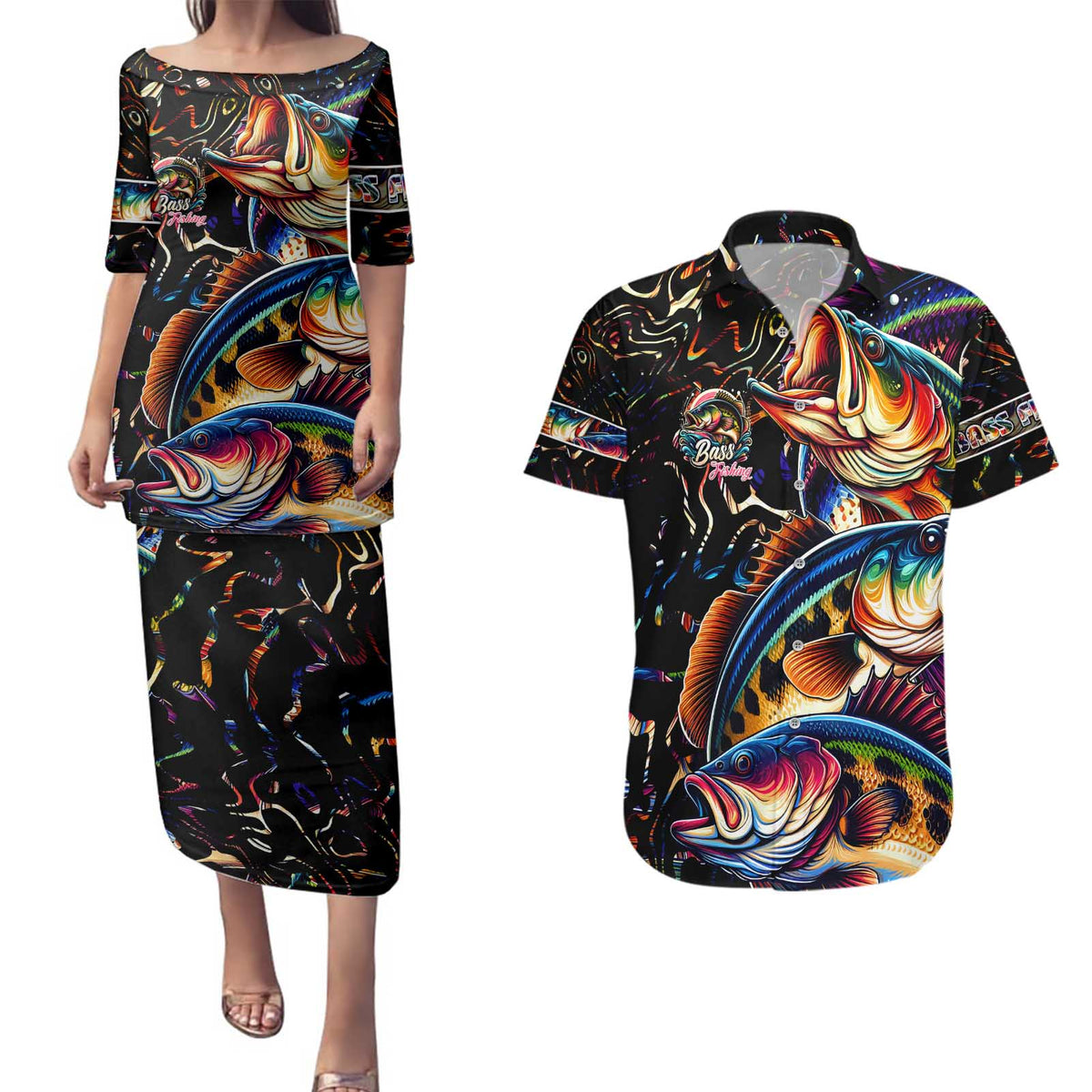 Peacock Bass Fishing Couples Matching Puletasi and Hawaiian Shirt Waves Art