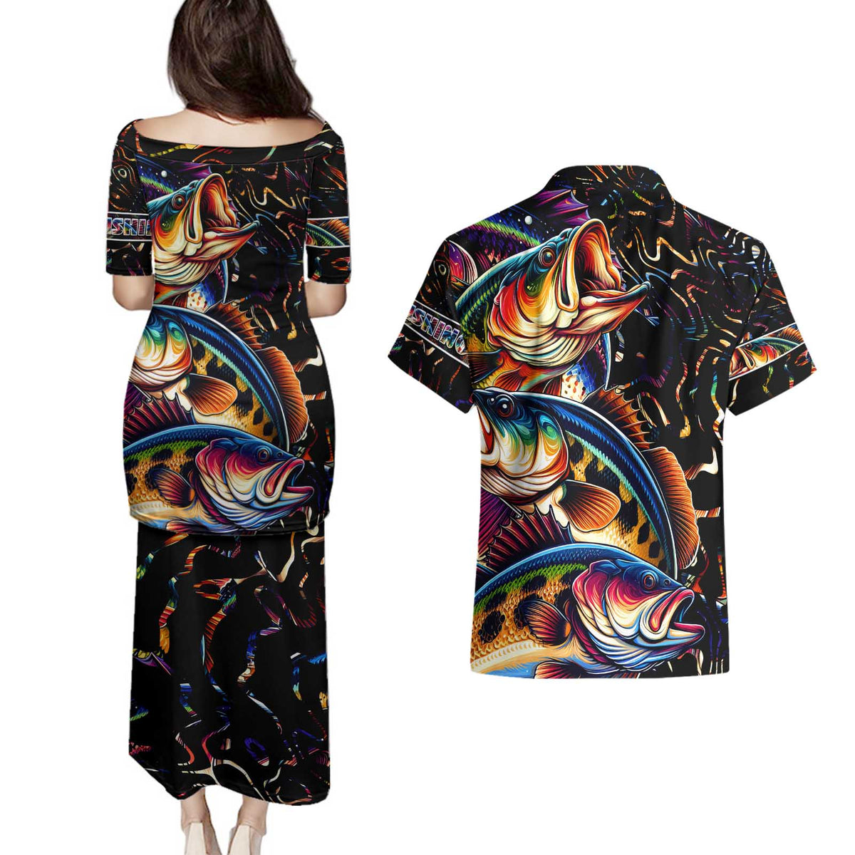 Peacock Bass Fishing Couples Matching Puletasi and Hawaiian Shirt Waves Art