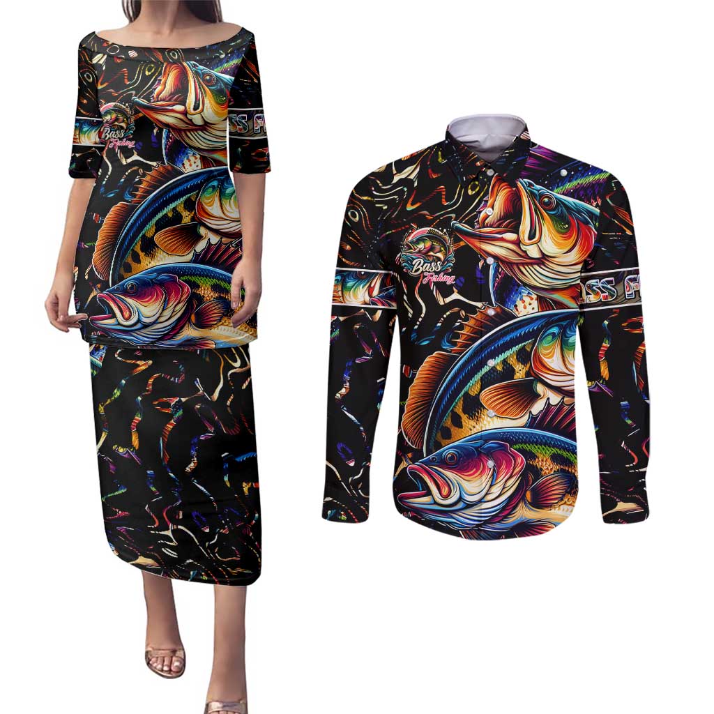 Peacock Bass Fishing Couples Matching Puletasi and Long Sleeve Button Shirt Waves Art