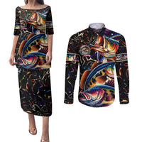 Peacock Bass Fishing Couples Matching Puletasi and Long Sleeve Button Shirt Waves Art