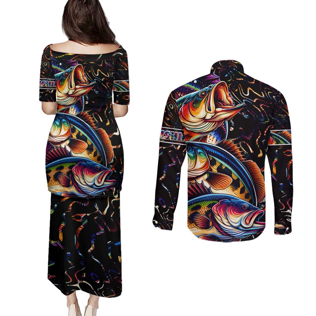 Peacock Bass Fishing Couples Matching Puletasi and Long Sleeve Button Shirt Waves Art