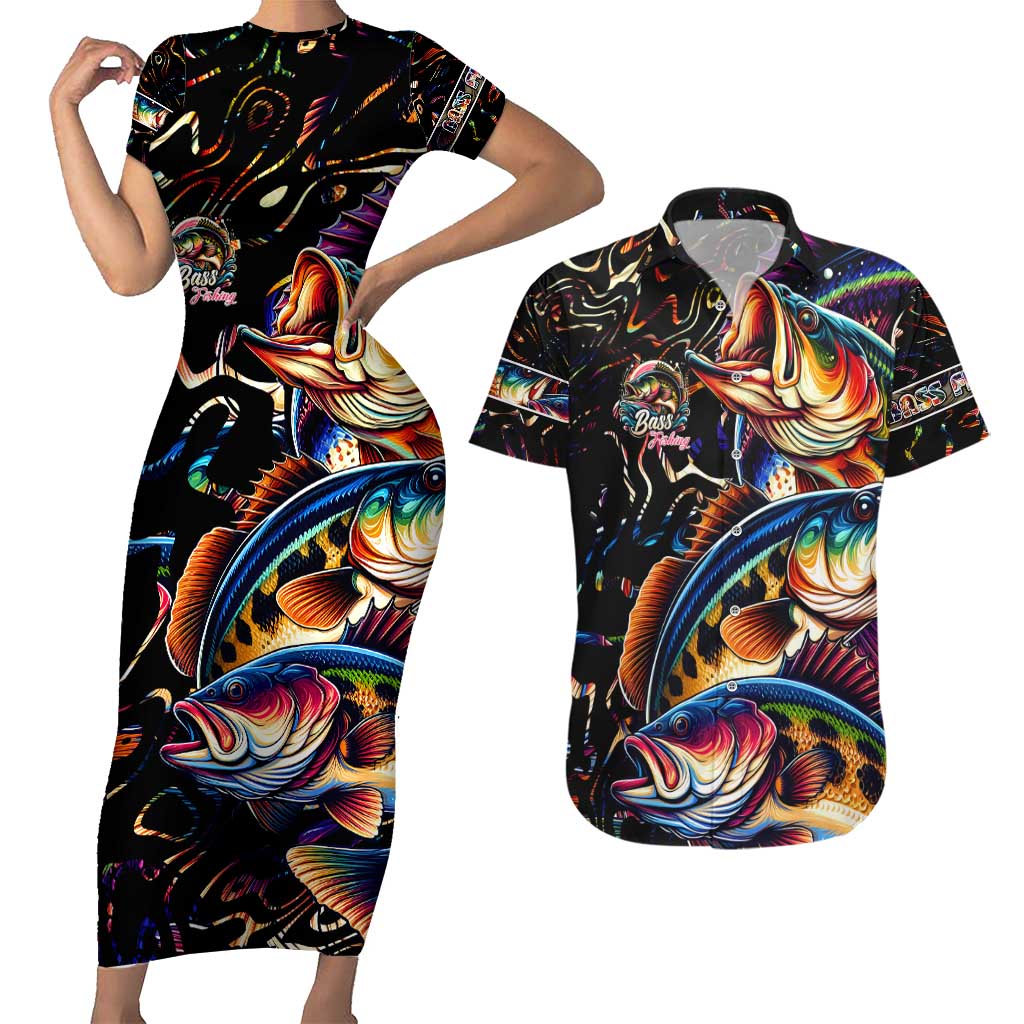 Peacock Bass Fishing Couples Matching Short Sleeve Bodycon Dress and Hawaiian Shirt Waves Art