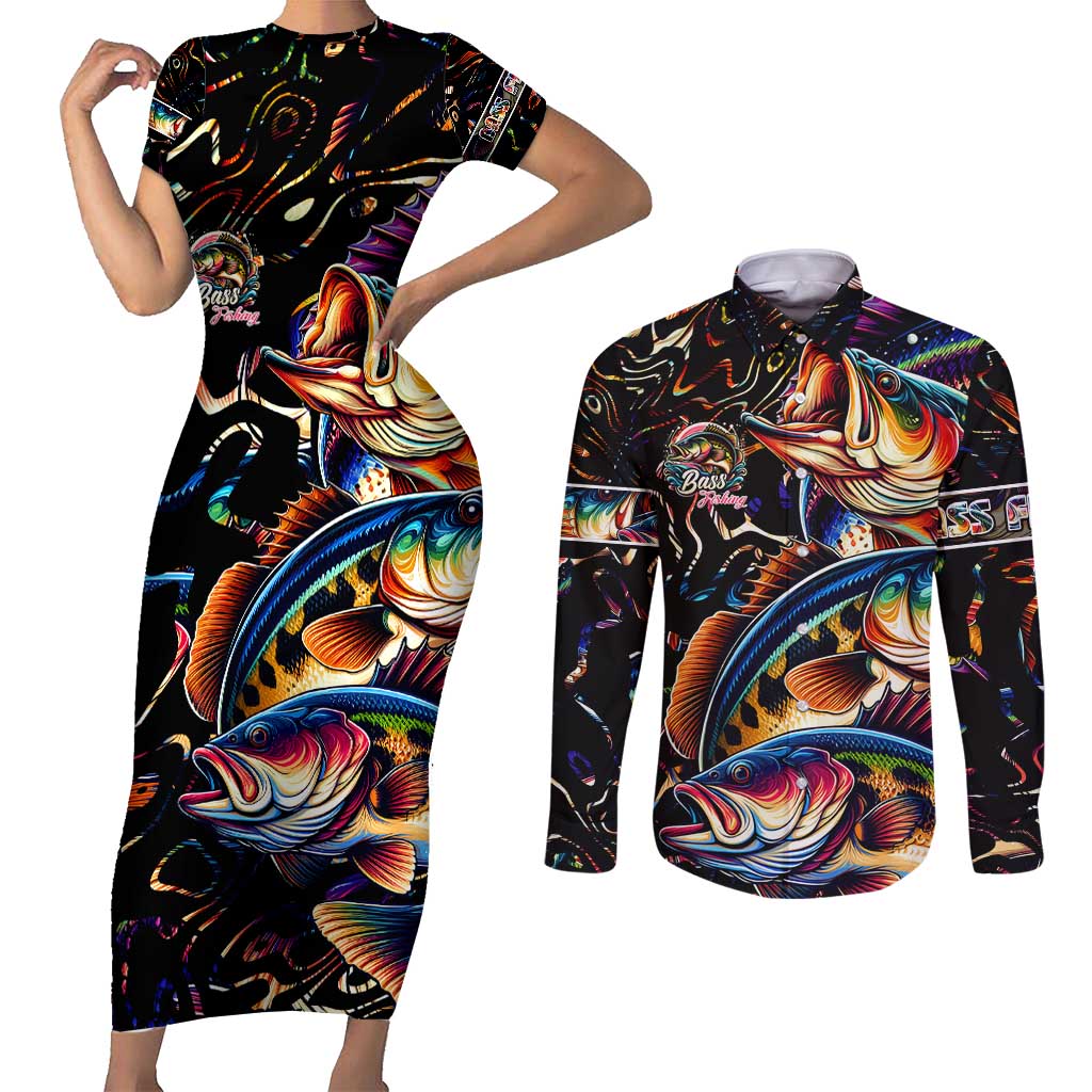 Peacock Bass Fishing Couples Matching Short Sleeve Bodycon Dress and Long Sleeve Button Shirt Waves Art