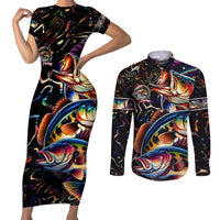 Peacock Bass Fishing Couples Matching Short Sleeve Bodycon Dress and Long Sleeve Button Shirt Waves Art