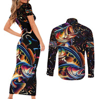 Peacock Bass Fishing Couples Matching Short Sleeve Bodycon Dress and Long Sleeve Button Shirt Waves Art
