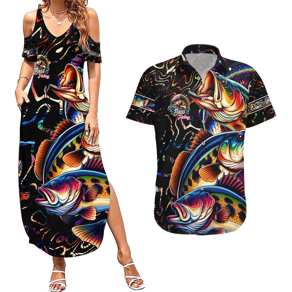 Peacock Bass Fishing Couples Matching Summer Maxi Dress and Hawaiian Shirt Waves Art