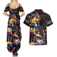Peacock Bass Fishing Couples Matching Summer Maxi Dress and Hawaiian Shirt Waves Art
