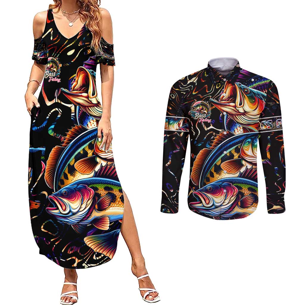 Peacock Bass Fishing Couples Matching Summer Maxi Dress and Long Sleeve Button Shirt Waves Art