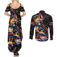 Peacock Bass Fishing Couples Matching Summer Maxi Dress and Long Sleeve Button Shirt Waves Art