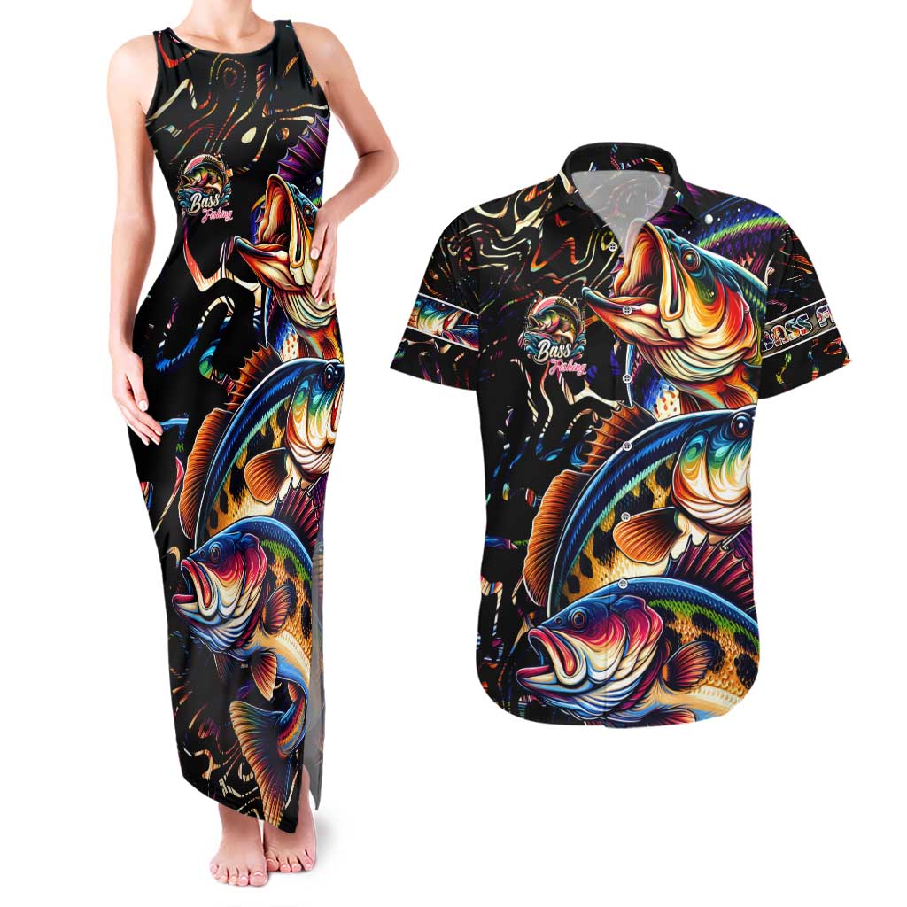 Peacock Bass Fishing Couples Matching Tank Maxi Dress and Hawaiian Shirt Waves Art