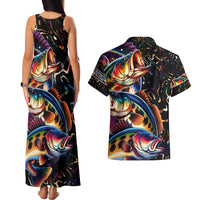 Peacock Bass Fishing Couples Matching Tank Maxi Dress and Hawaiian Shirt Waves Art