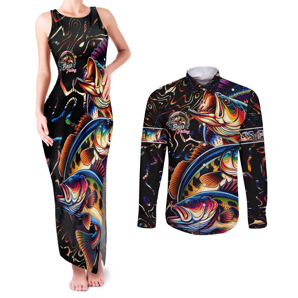 Peacock Bass Fishing Couples Matching Tank Maxi Dress and Long Sleeve Button Shirt Waves Art