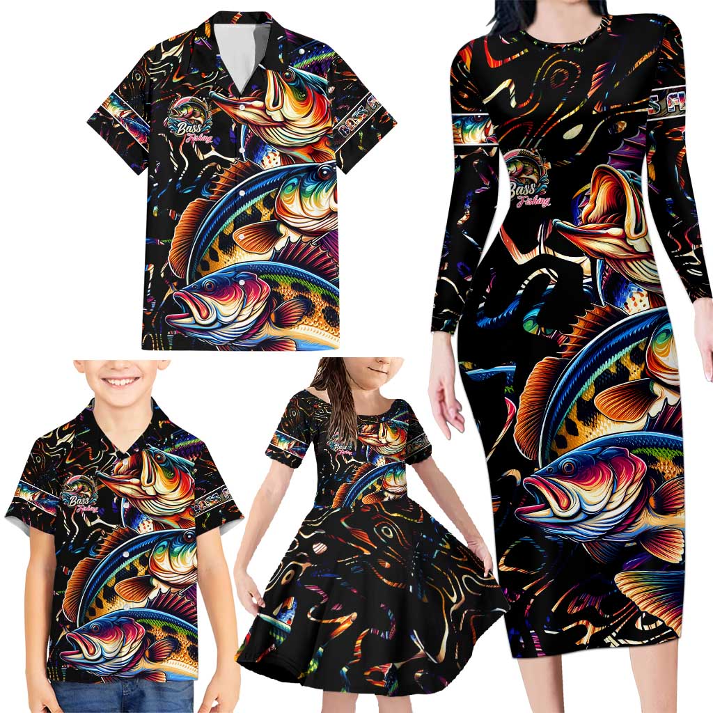 Peacock Bass Fishing Family Matching Long Sleeve Bodycon Dress and Hawaiian Shirt Waves Art