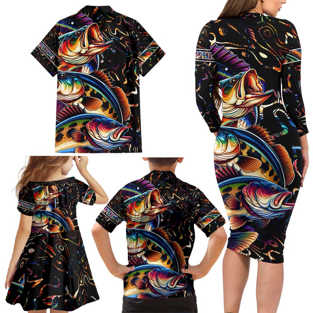 Peacock Bass Fishing Family Matching Long Sleeve Bodycon Dress and Hawaiian Shirt Waves Art