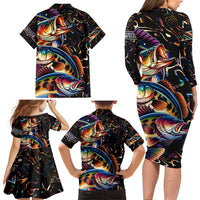 Peacock Bass Fishing Family Matching Long Sleeve Bodycon Dress and Hawaiian Shirt Waves Art