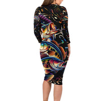 Peacock Bass Fishing Family Matching Long Sleeve Bodycon Dress and Hawaiian Shirt Waves Art