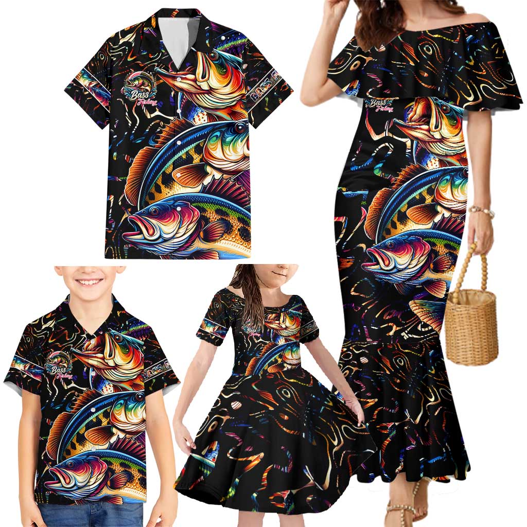Peacock Bass Fishing Family Matching Mermaid Dress and Hawaiian Shirt Waves Art