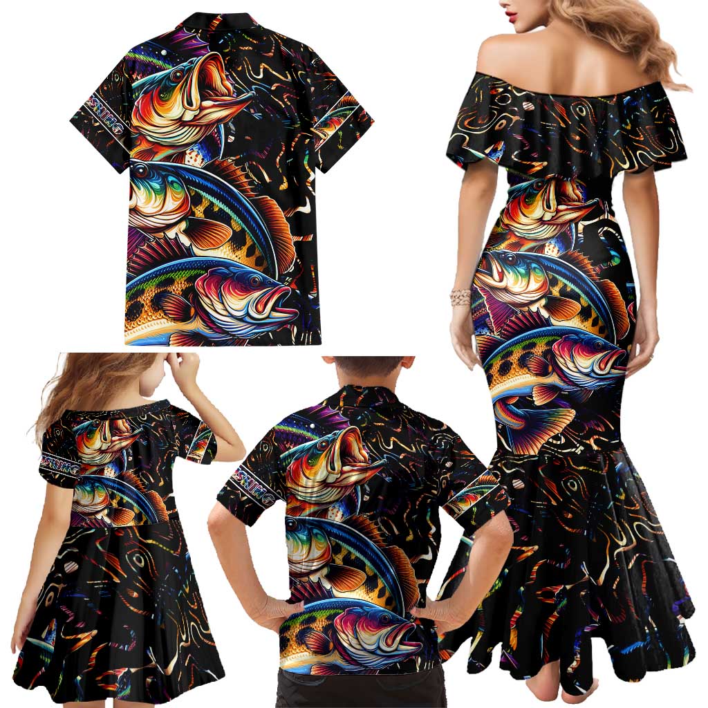 Peacock Bass Fishing Family Matching Mermaid Dress and Hawaiian Shirt Waves Art