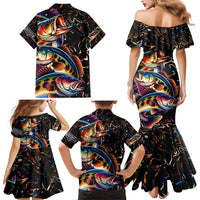 Peacock Bass Fishing Family Matching Mermaid Dress and Hawaiian Shirt Waves Art