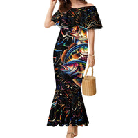 Peacock Bass Fishing Family Matching Mermaid Dress and Hawaiian Shirt Waves Art