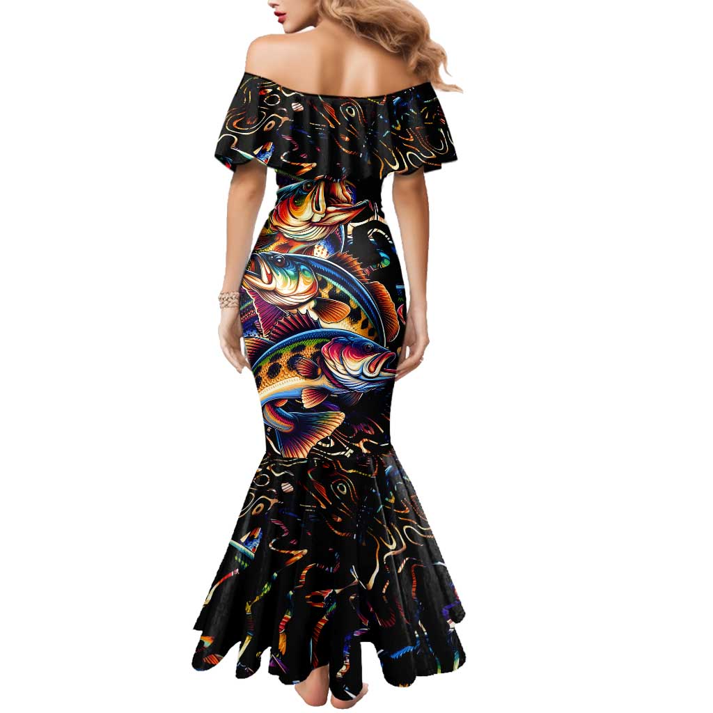 Peacock Bass Fishing Family Matching Mermaid Dress and Hawaiian Shirt Waves Art