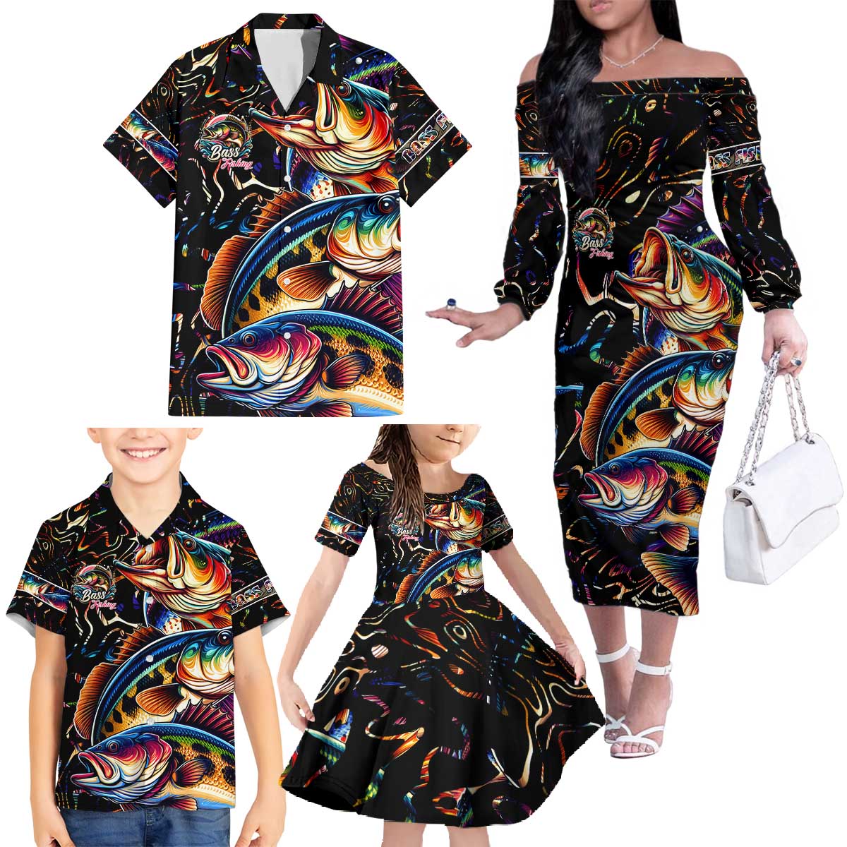 Peacock Bass Fishing Family Matching Off The Shoulder Long Sleeve Dress and Hawaiian Shirt Waves Art