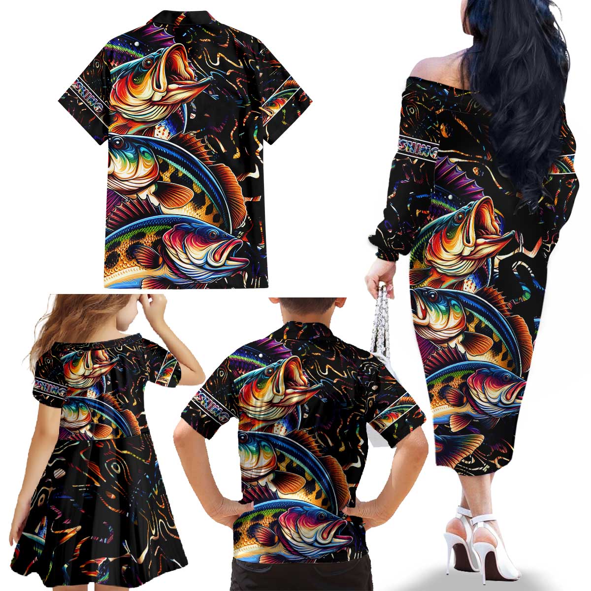Peacock Bass Fishing Family Matching Off The Shoulder Long Sleeve Dress and Hawaiian Shirt Waves Art