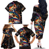 Peacock Bass Fishing Family Matching Off The Shoulder Long Sleeve Dress and Hawaiian Shirt Waves Art