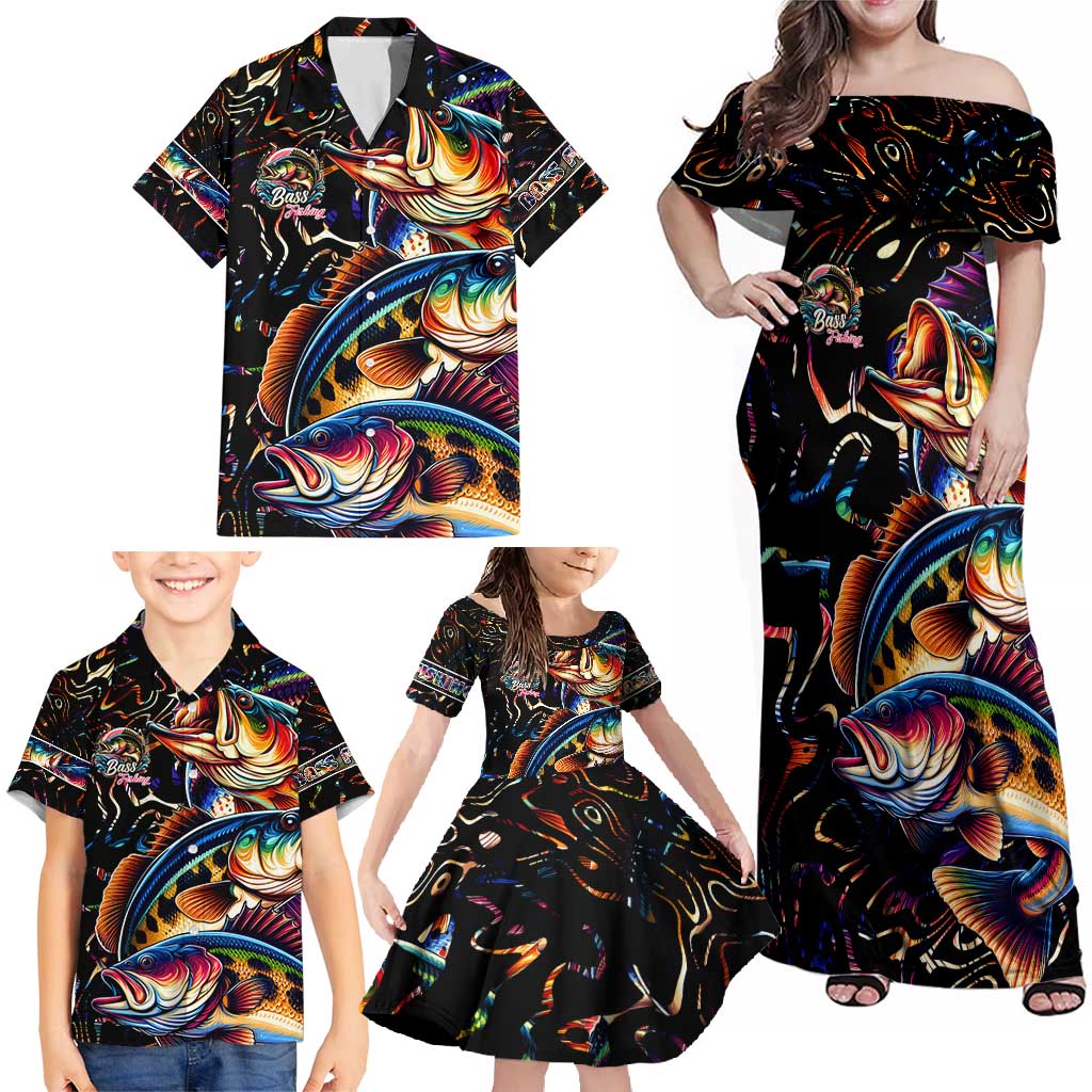 Peacock Bass Fishing Family Matching Off Shoulder Maxi Dress and Hawaiian Shirt Waves Art