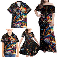 Peacock Bass Fishing Family Matching Off Shoulder Maxi Dress and Hawaiian Shirt Waves Art