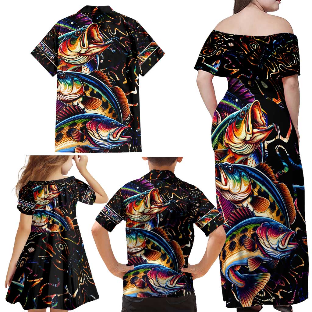 Peacock Bass Fishing Family Matching Off Shoulder Maxi Dress and Hawaiian Shirt Waves Art