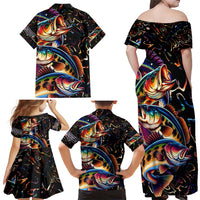 Peacock Bass Fishing Family Matching Off Shoulder Maxi Dress and Hawaiian Shirt Waves Art