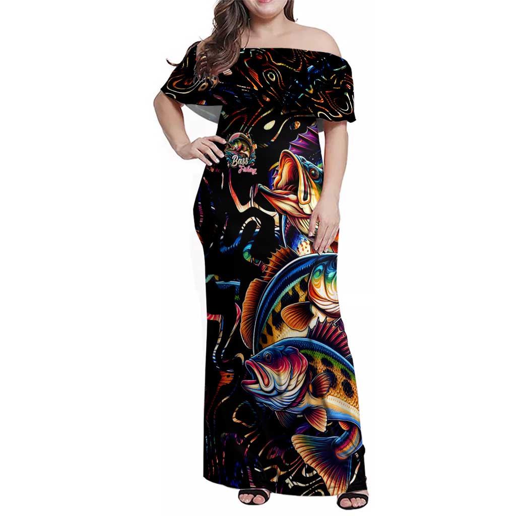 Peacock Bass Fishing Family Matching Off Shoulder Maxi Dress and Hawaiian Shirt Waves Art