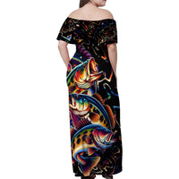 Peacock Bass Fishing Family Matching Off Shoulder Maxi Dress and Hawaiian Shirt Waves Art