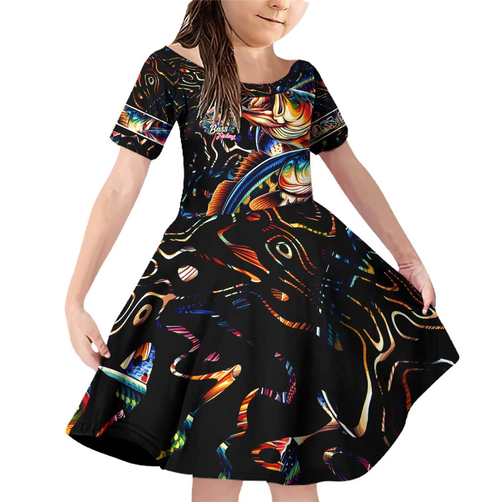 Peacock Bass Fishing Family Matching Off Shoulder Short Dress and Hawaiian Shirt Waves Art