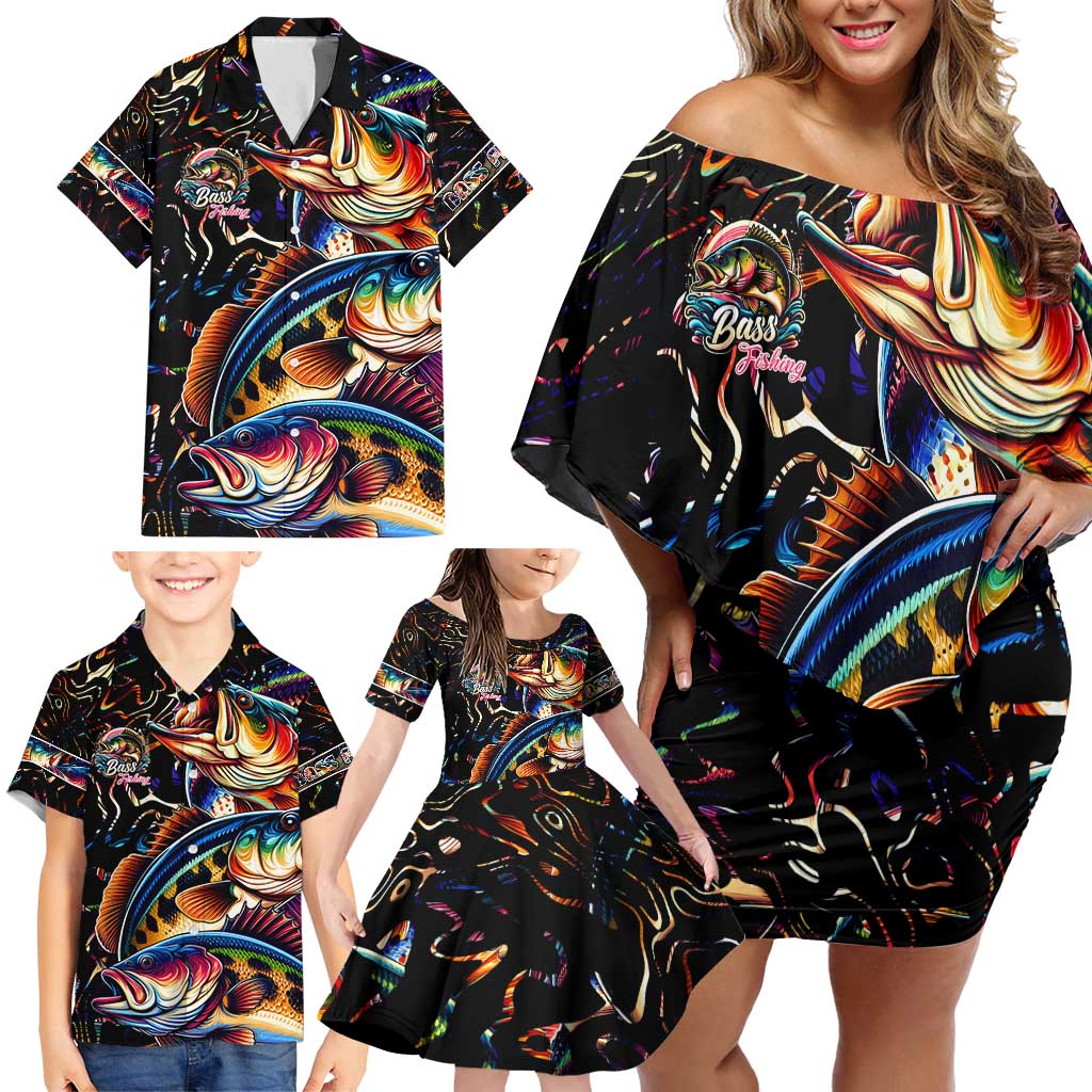Peacock Bass Fishing Family Matching Off Shoulder Short Dress and Hawaiian Shirt Waves Art