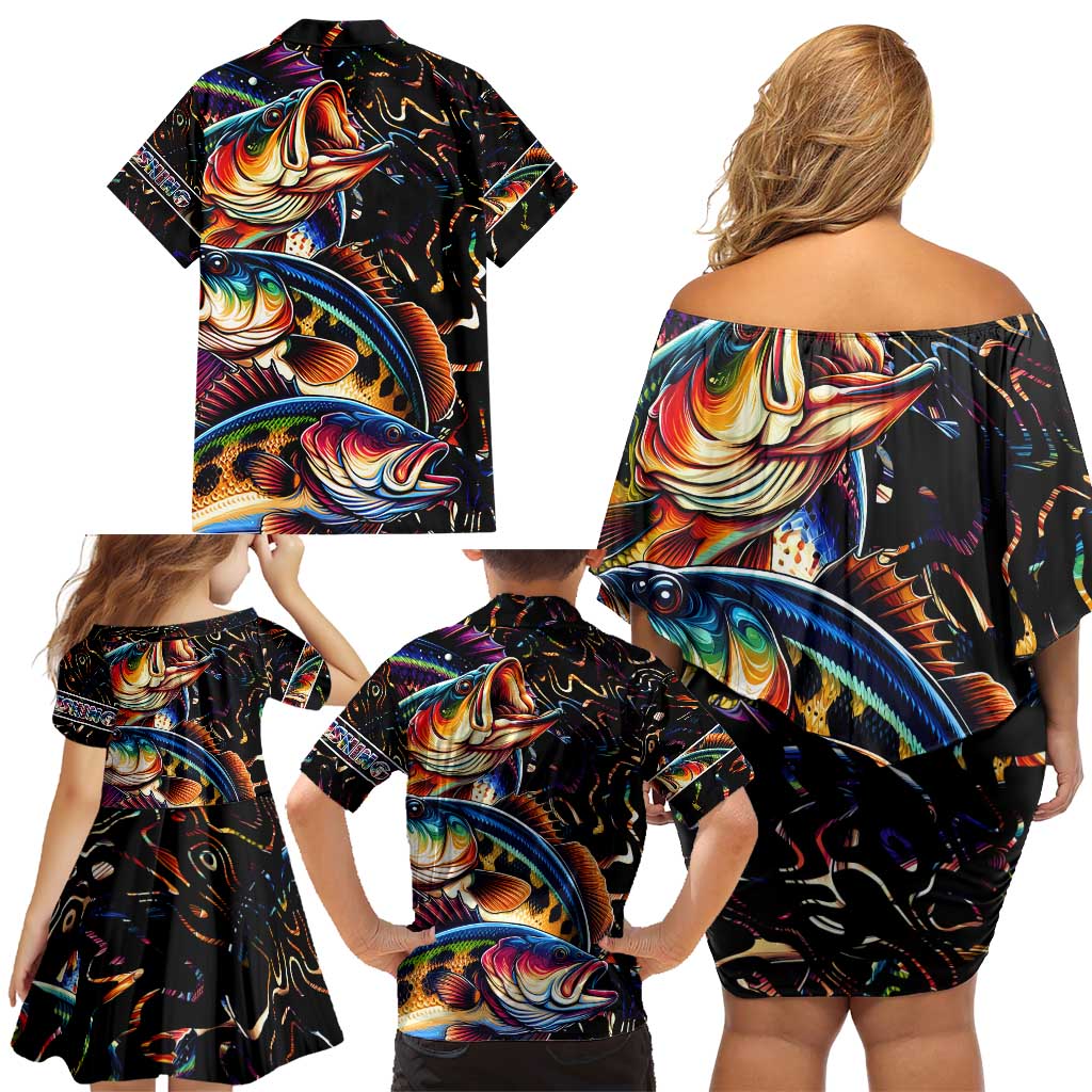 Peacock Bass Fishing Family Matching Off Shoulder Short Dress and Hawaiian Shirt Waves Art