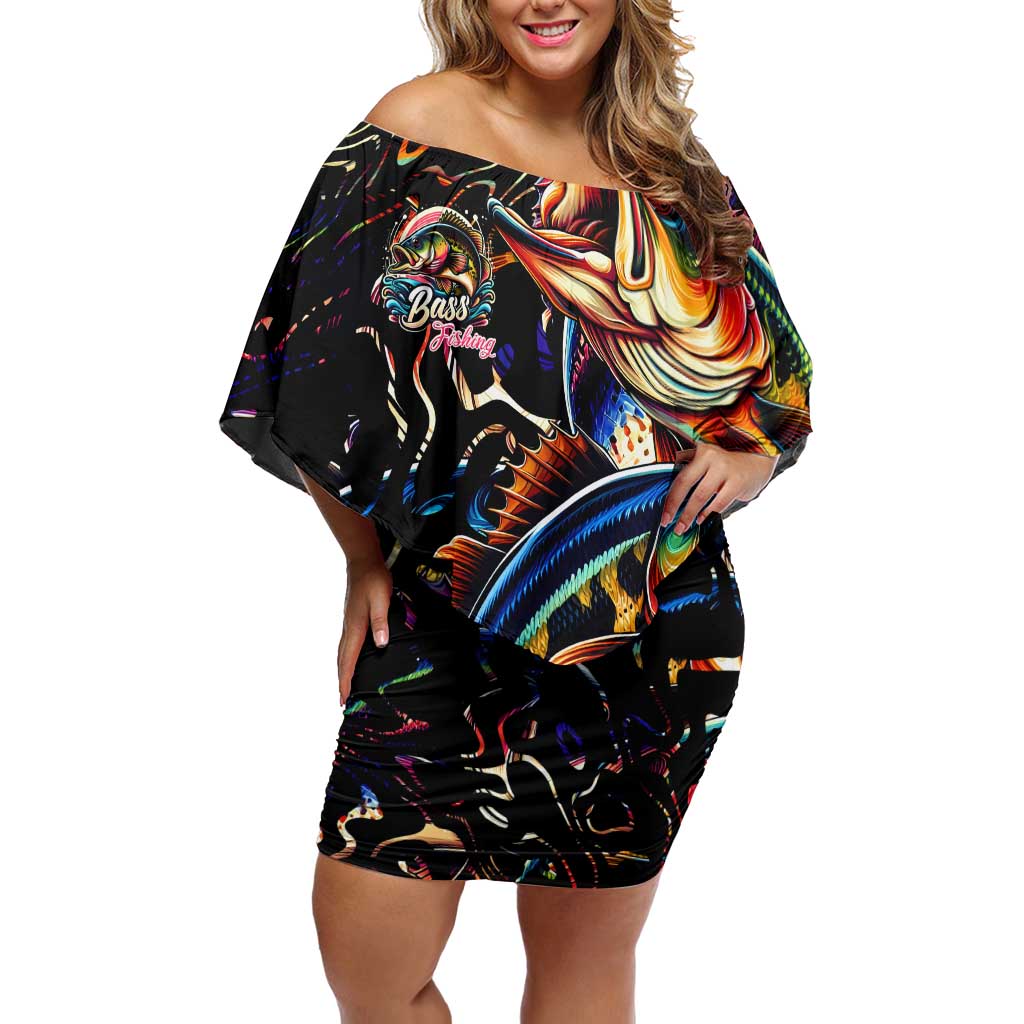 Peacock Bass Fishing Family Matching Off Shoulder Short Dress and Hawaiian Shirt Waves Art