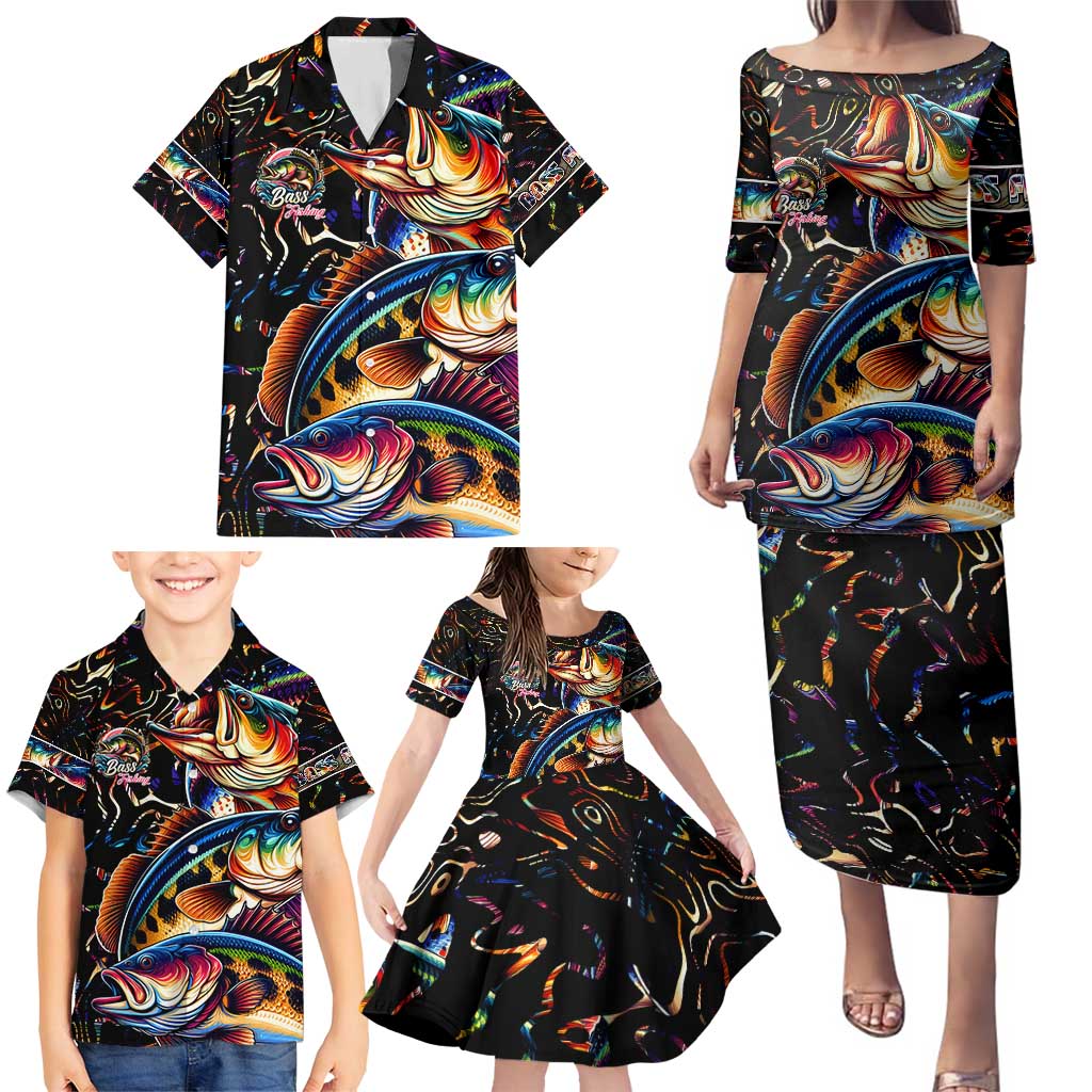 Peacock Bass Fishing Family Matching Puletasi and Hawaiian Shirt Waves Art